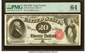 image for: Fr. 142 $20 1880 Legal Tender PMG Choice Uncirculated 64....