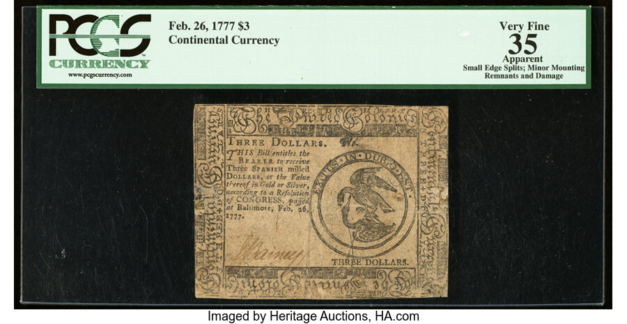 image for: Continental Currency February 26, 1777 $3 PCGS Apparent Very Fine 35....