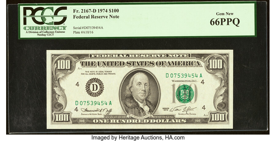 image for: Fr. 2167-D $100 1974 Federal Reserve Note. PCGS Gem New 66PPQ....