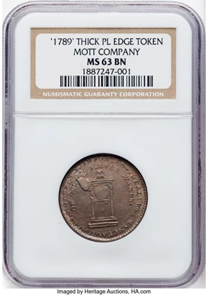image for: '1789' Mott Token, Thick Planchet, Plain Edge MS63 Brown NGC. Breen-1020, Rulau-E-NY-610. NGC Census: (8/11)....