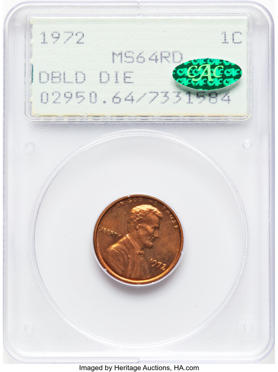 image for: 1972 1C Doubled Die Obverse, FS-101, MS64 Red PCGS. CAC. Housed in a Generation 1.2 "rattler" holder. CAC Population: (62/3...