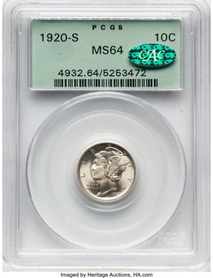 image for: 1920-S 10C MS64 PCGS. CAC. Housed in a Generation 3.1 green label holder. CAC Population: (2/9). Mintage 13,820,000....