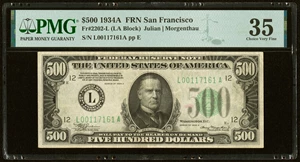 image for: Fr. 2202-L $500 1934A Federal Reserve Note. PMG Choice Very Fine 35....