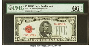 image for: Fr. 1528 $5 1928C Legal Tender Note. PMG Gem Uncirculated 66 EPQ....