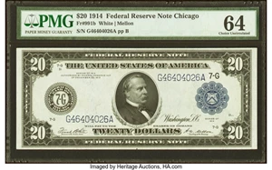 image for: Fr. 991b $20 1914 Federal Reserve Note PMG Choice Uncirculated 64....