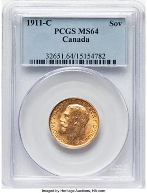 image for: Canada: George V gold Sovereign 1911-C MS64 PCGS,...