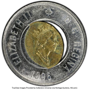 image for: Canada: Elizabeth II Mint Error - Center Core Struck Off-Center 2 Dollars 1996 MS62 PCGS,...