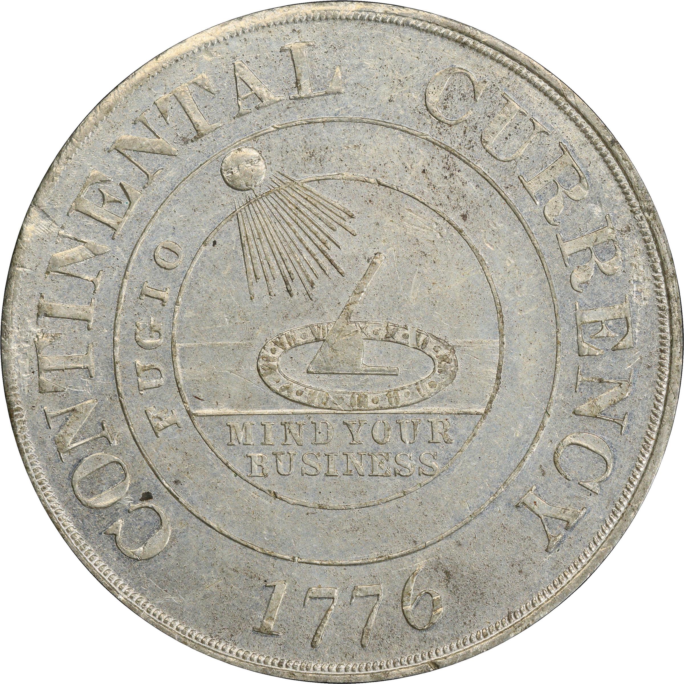image for: "1776" (late 19th or early 20th century) Continental Dollar. So-Called Dickeson Restrike. HK-854. Rarity-7. White Metal. AU-58 (PCGS).