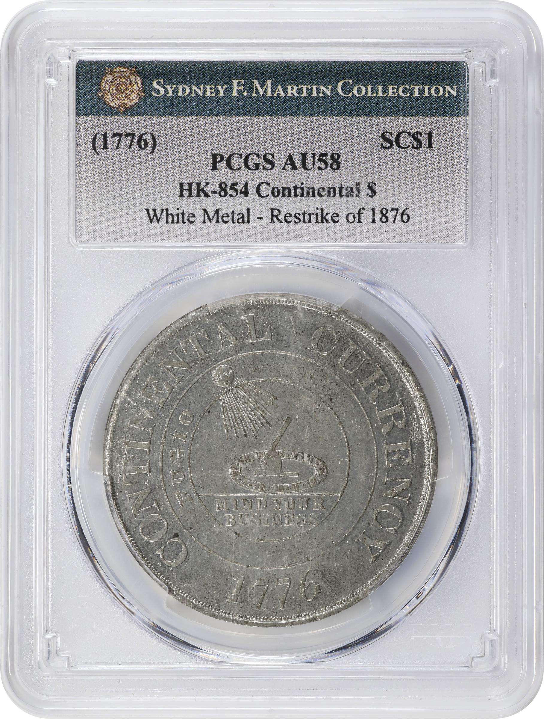 image for: "1776" (late 19th or early 20th century) Continental Dollar. So-Called Dickeson Restrike. HK-854. Rarity-7. White Metal. AU-58 (PCGS).