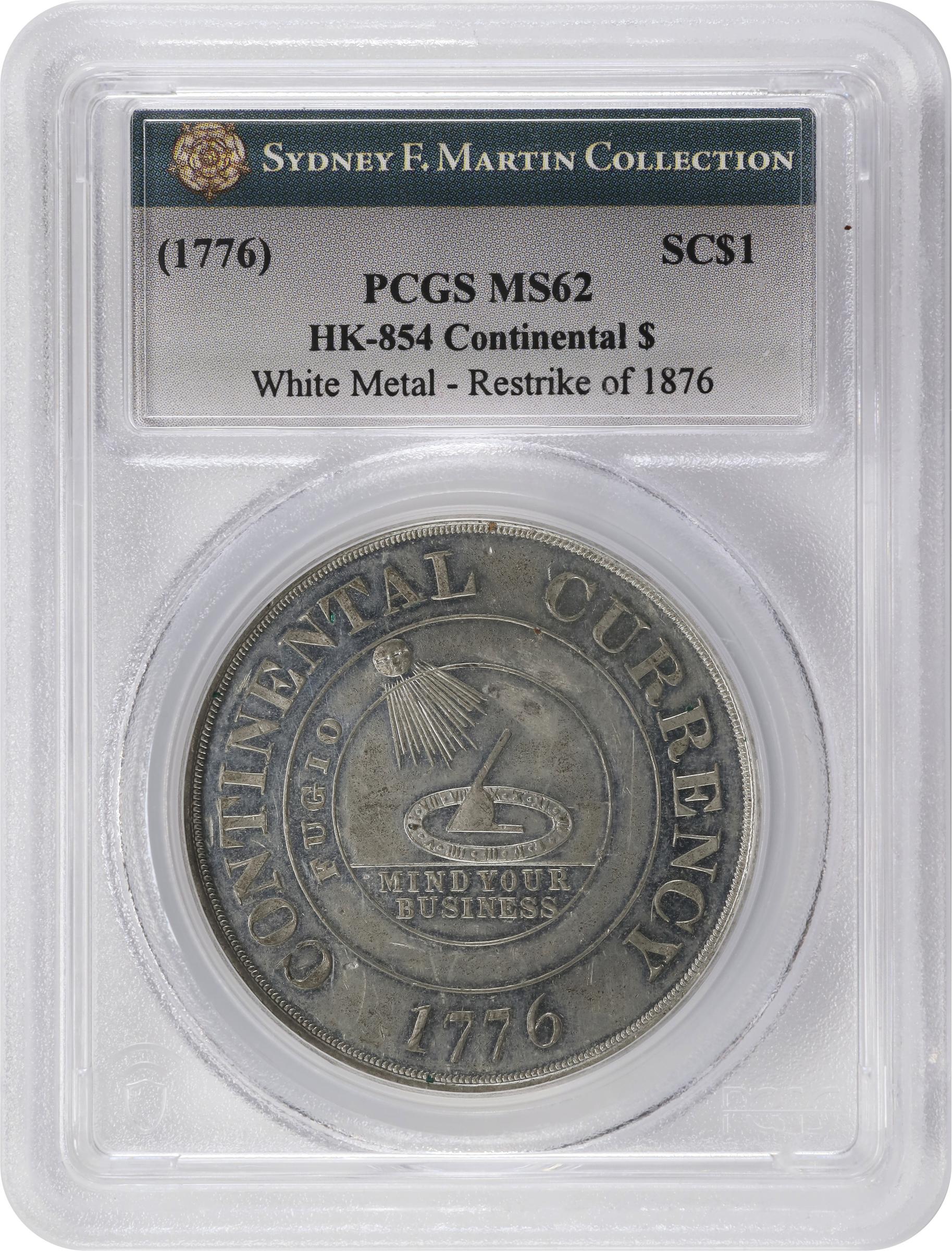 image for: "1776" (late 19th or early 20th century) Continental Dollar. So-Called Dickeson Restrike. HK-854. Rarity-7. White Metal. MS-62 (PCGS).