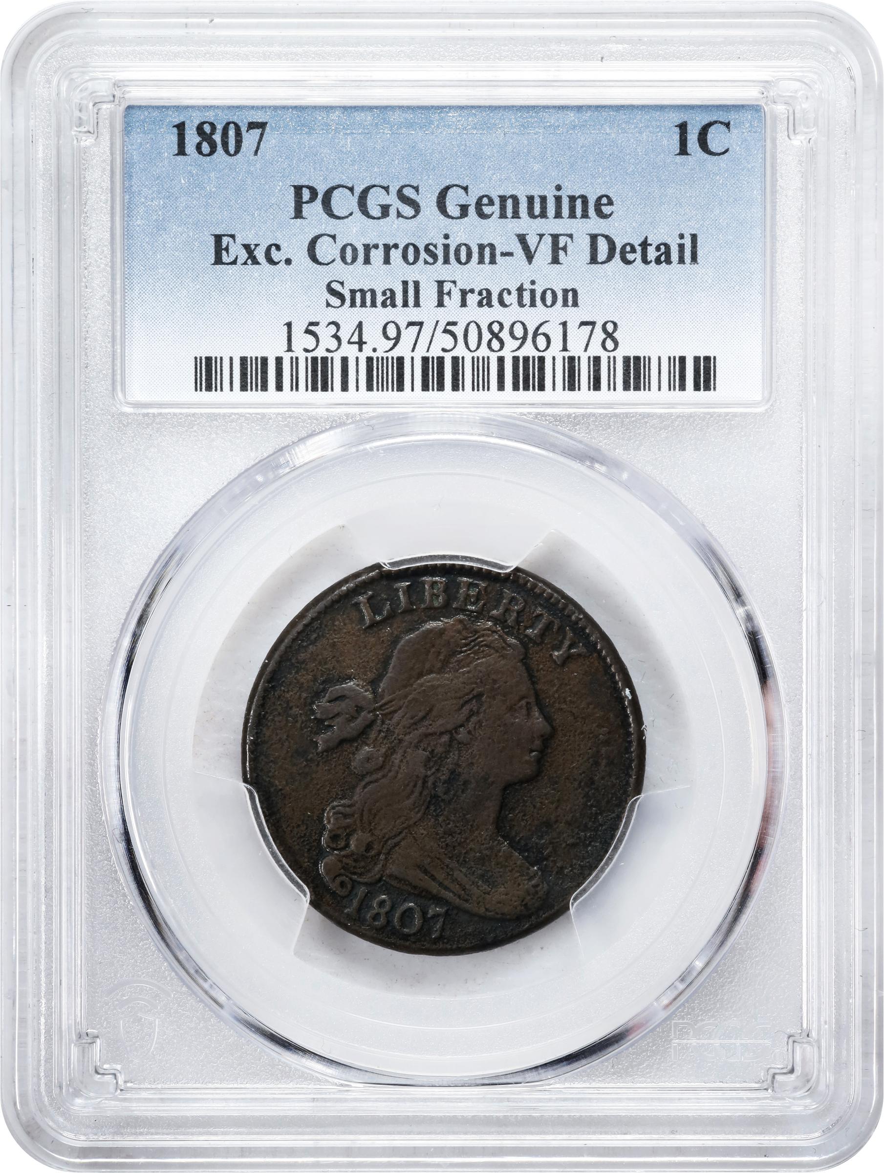 image for: 1807 Draped Bust Cent. S-271, B-1. Rarity-1. Comet Variety. VF Details--Excessive Corrosion (PCGS).