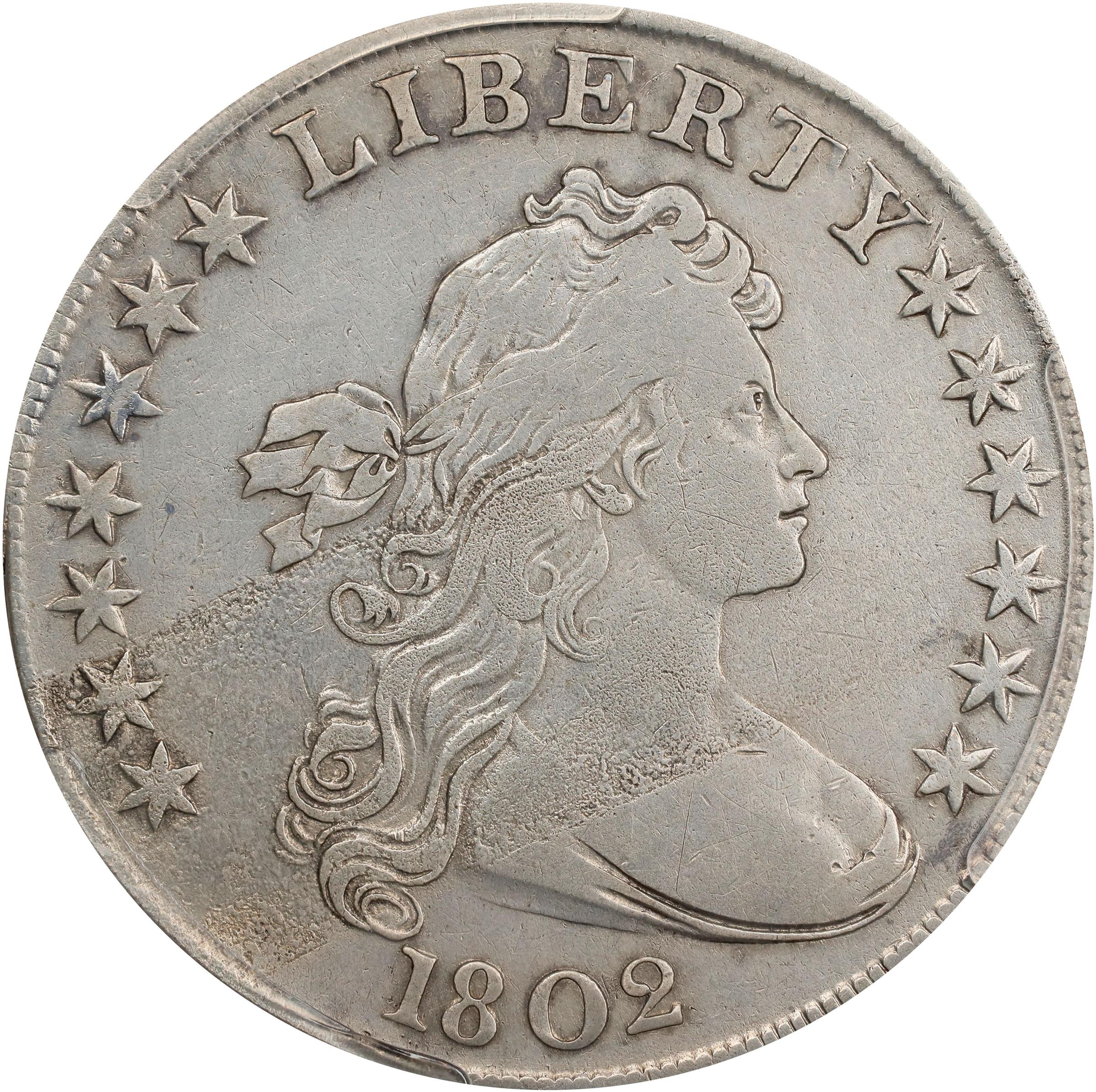 image for: 1802 Draped Bust Silver Dollar. BB-241, B-6. Rarity-1. Narrow Date. Fine Details--Surfaces Smoothed (PCGS).