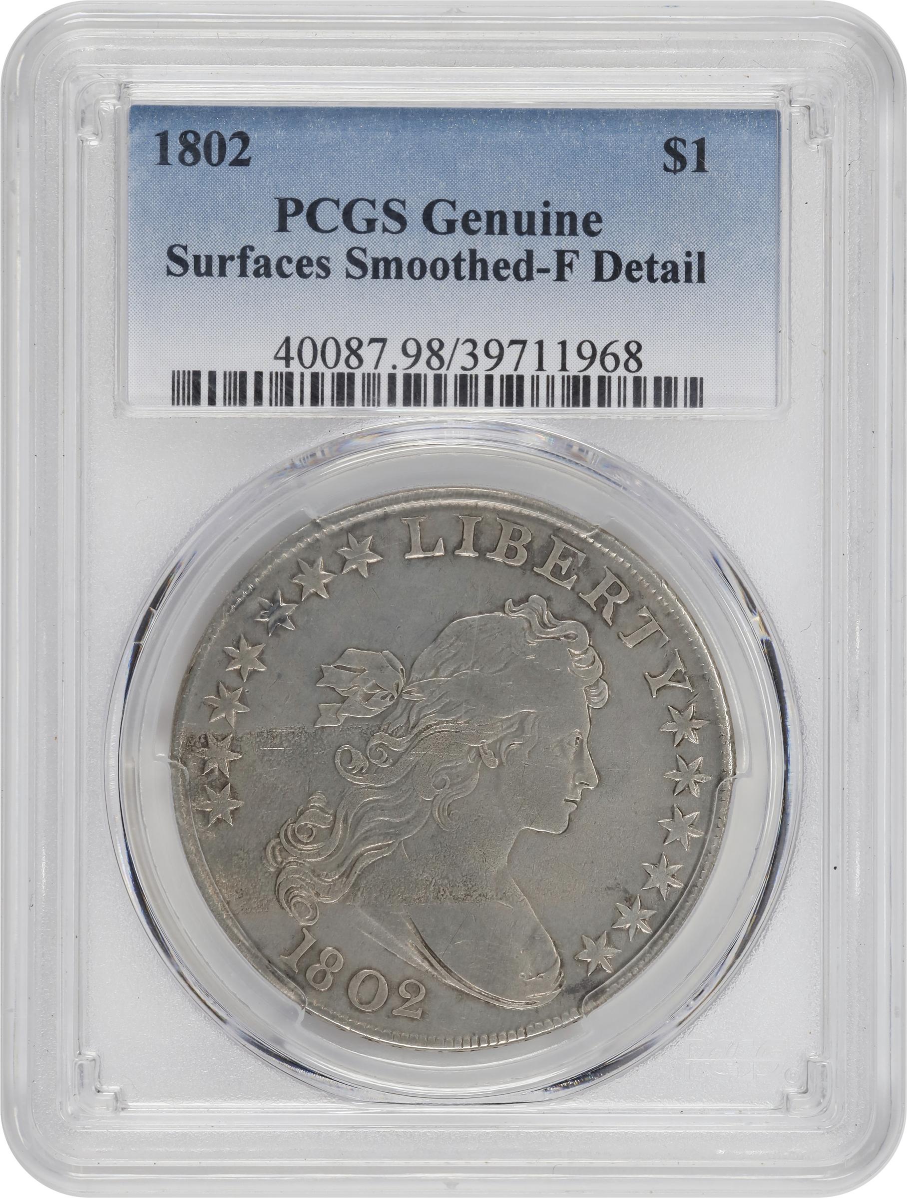 image for: 1802 Draped Bust Silver Dollar. BB-241, B-6. Rarity-1. Narrow Date. Fine Details--Surfaces Smoothed (PCGS).