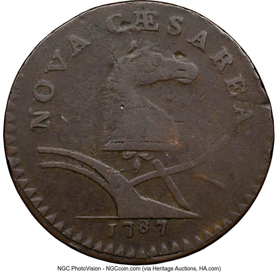image for: 1787 New Jersey Copper, Hidden WM in Sprig Above Plow, M. 62-q, W-5350, R.3, Fine 12 Brown NGC. NGC Census: (7/50)....