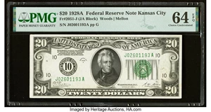 image for: Fr. 2051-J $20 1928A Federal Reserve Note. PMG Choice Uncirculated 64 EPQ....