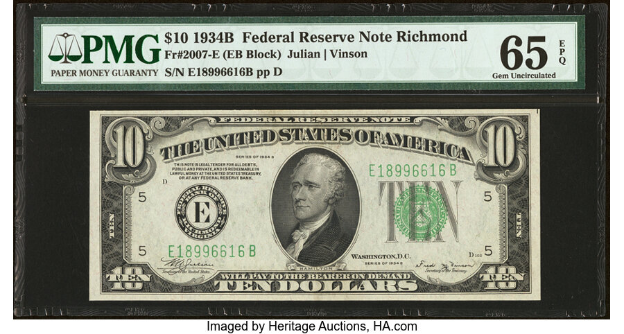 image for: Fr. 2007-E $10 1934B Federal Reserve Note. PMG Gem Uncirculated 65 EPQ....