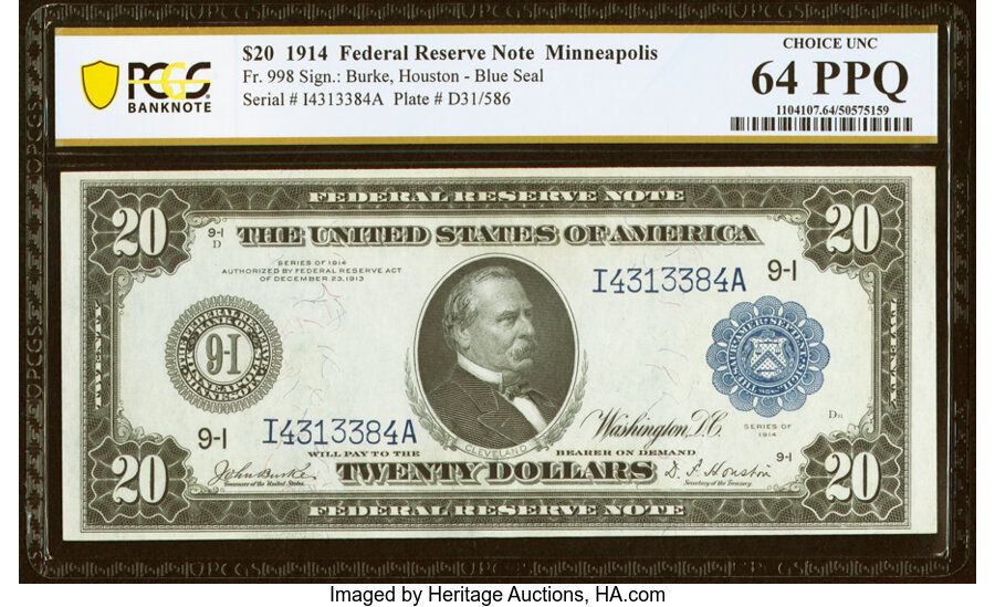 image for: Fr. 998 $20 1914 Federal Reserve Note PCGS Banknote Choice Unc 64 PPQ....