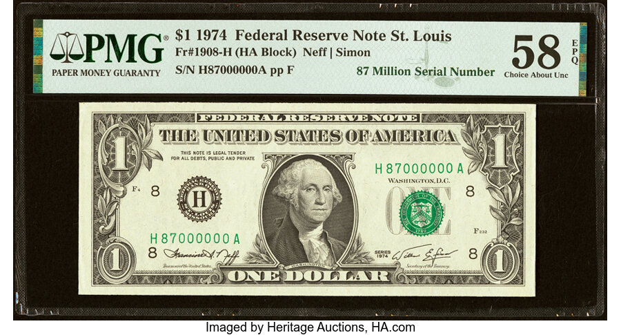image for: Even Million Serial Number 87000000 Fr. 1908-H $1 1974 Federal Reserve Note. PMG Choice About Unc 58 EPQ....
