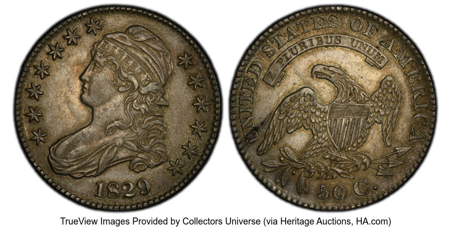 image for: 1829 50C O-113a, R.3, AU55 PCGS.  Mintage 3,712,156....