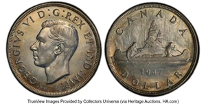 image for: Canada: George VI "Pointed 7 - Doubled HP" Dollar 1947 MS61 PCGS,...