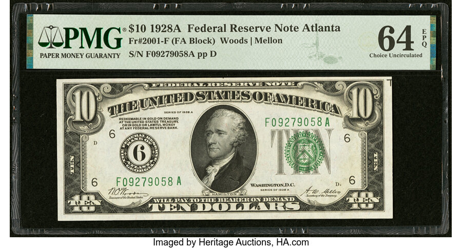 image for: Fr. 2001-F $10 1928A Federal Reserve Note. PMG Choice Uncirculated 64 EPQ....