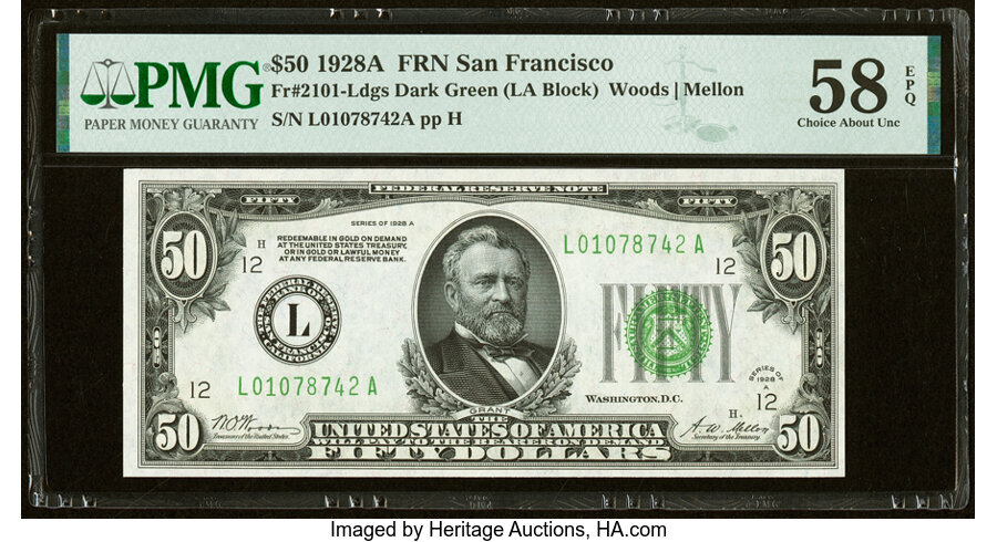 image for: Fr. 2101-L $50 1928A Federal Reserve Note. PMG Choice About Unc 58 EPQ....