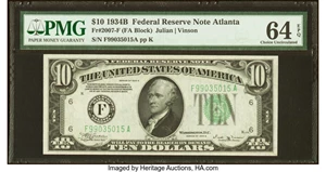 image for: Fr. 2007-F $10 1934B Federal Reserve Note. F-A Block. PMG Choice Uncirculated 64 EPQ....