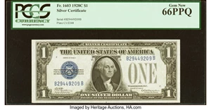 image for: Fr. 1603 $1 1928C Silver Certificate. PCGS Gem New 66PPQ....