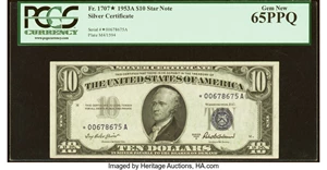 image for: Fr. 1707* $10 1953A Silver Certificate Star. PCGS Gem New 65PPQ....