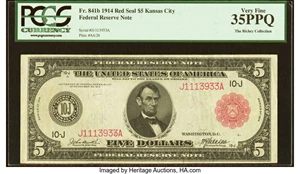 image for: Fr. 841b $5 1914 Red Seal Federal Reserve Note PCGS Very Fine 35PPQ....