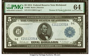 image for: Fr. 862 $5 1914 Federal Reserve Note PMG Choice Uncirculated 64....