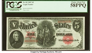image for: Fr. 83 $5 1907 Legal Tender PCGS Choice About New 58PPQ....