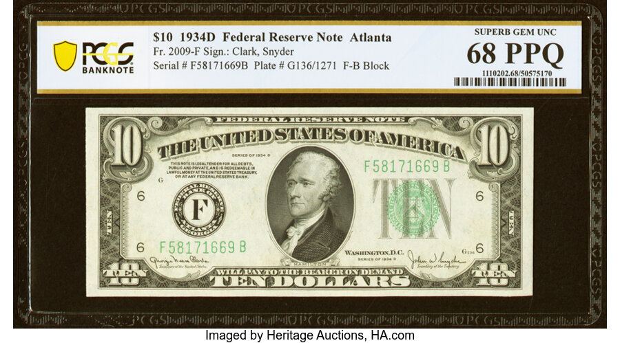 image for: Fr. 2009-F $10 1934D Federal Reserve Note. PCGS Banknote Superb Gem Unc 68 PPQ....