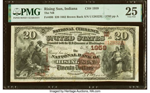 image for: Rising Sun, IN - $20 1882 Brown Back Fr. 499 The National Bank of Rising Sun Ch. # (M)1959 PMG Very Fine 25....