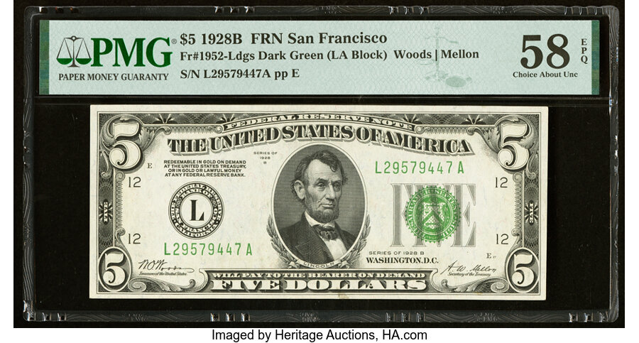 image for: Fr. 1952-L $5 1928B Federal Reserve Note. PMG Choice About Unc 58 EPQ....