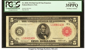 image for: Fr. 843b $5 1914 Red Seal Federal Reserve Note PCGS Very Fine 35PPQ....