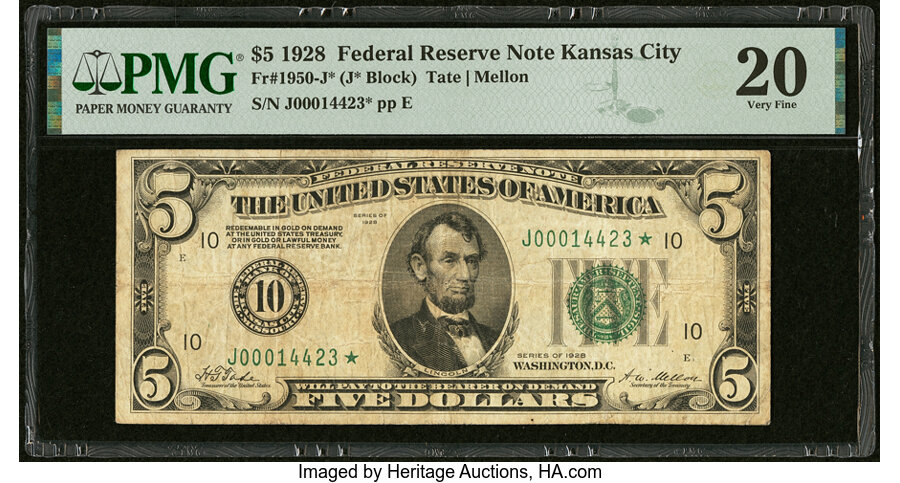 image for: Fr. 1950-J* $5 1928 Federal Reserve Star Note. PMG Very Fine 20....