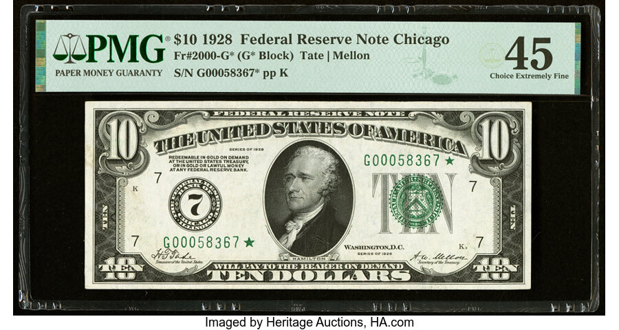 image for: Fr. 2000-G* $10 1928 Federal Reserve Star Note. PMG Choice Extremely Fine 45....