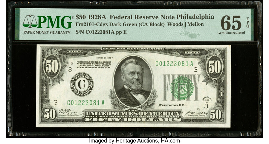 image for: Fr. 2101-C $50 1928A Federal Reserve Note. PMG Gem Uncirculated 65 EPQ....