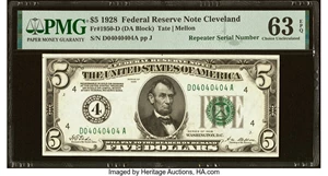image for: Super Repeater Serial Number 04040404 Fr. 1950-D $5 1928 Federal Reserve Note. PMG Choice Uncirculated 63 EPQ....