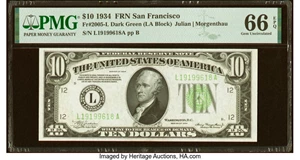 image for: Fr. 2005-L $10 1934 Federal Reserve Note. PMG Gem Uncirculated 66 EPQ....