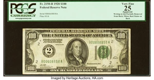 image for: Fr. 2150-B $100 1928 Federal Reserve Note. PCGS Apparent Very Fine 25....