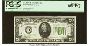 image for: Fr. 2054-D $20 1934 Light Green Seal Federal Reserve Note. PCGS Gem New 65PPQ....