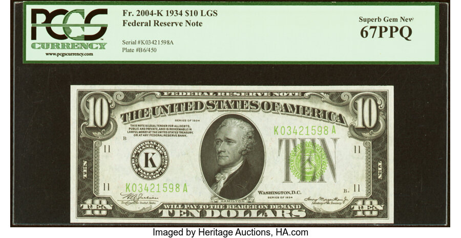 image for: Fr. 2004-K $10 1934 Light Green Seal Federal Reserve Note. PCGS Superb Gem New 67PPQ....