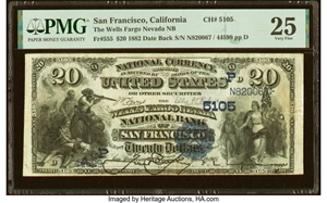 image for: San Francisco, CA - $20 1882 Date Back Fr. 555 Wells-Fargo Nevada National Bank Ch. # (P)5105 PMG Very Fine 25....