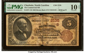 image for: Charlotte, NC - $5 1882 Brown Back Fr. 474 The Commercial National Bank Ch. # (S) 2135 PMG Very Good 10 NET....