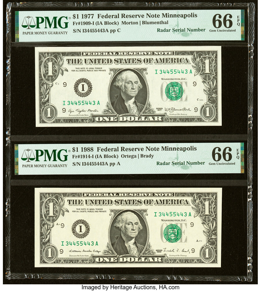 image for: Matching Radar Serial Number 34455443 Fr. 1909-I $1 1977 Federal Reserve Note. PMG Gem Uncirculated 66 EPQ; Fr. 1914-I $1 1988...