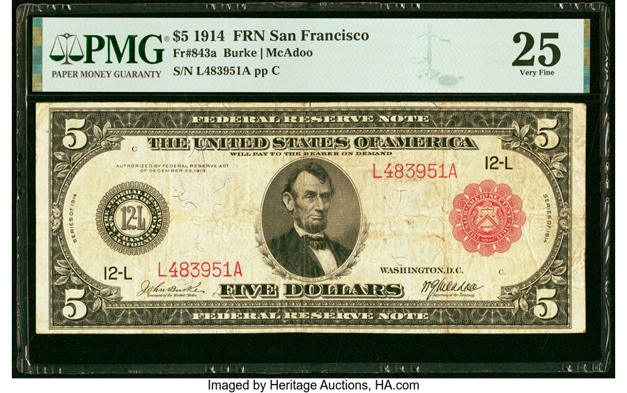 image for: Fr. 843a $5 1914 Red Seal Federal Reserve Note. PMG Very Fine 25....