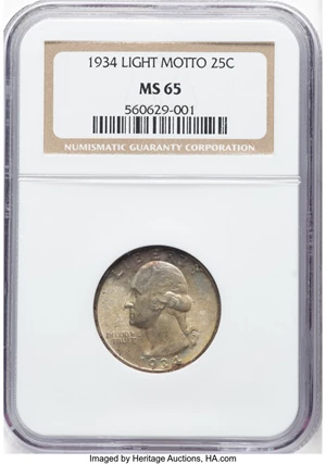 image for: 1934 25C Light Motto, FS-401, MS65 NGC....