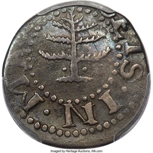 image for: 1652 Pine Tree Sixpence, Pellets at Trunk, Noe-33, W-670, Salmon 2-B, R.3, VF35 PCGS....